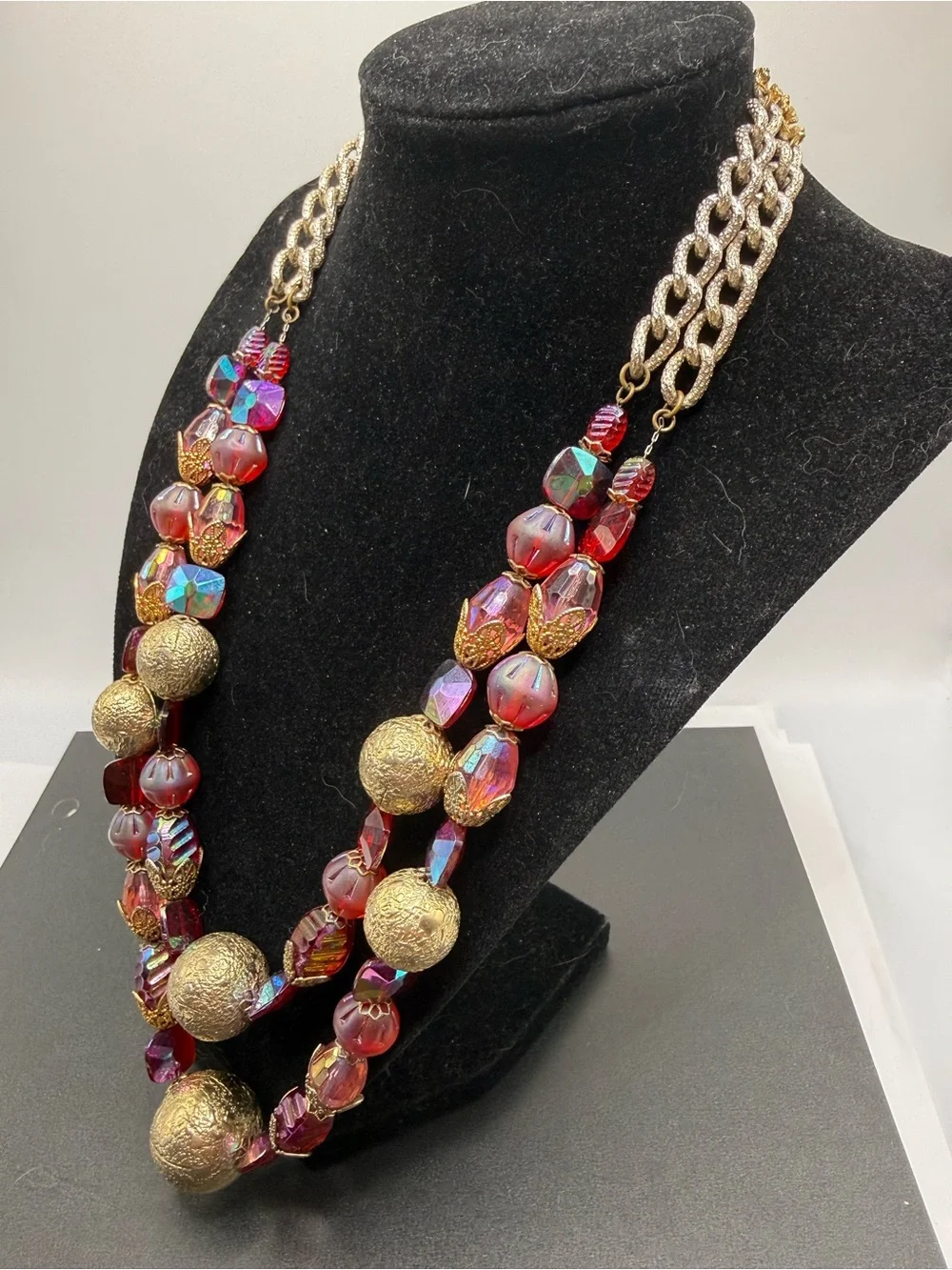 Vintage Signed Hobe Red Aurora Borealis Bead Necklace 18” + Extender